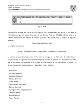 Universidad Nacional Autónoma de México
Facultad de Ingeniería
Software WINQSB aplicaciones prácticas en la Investigación de Operaciones
153
Figura 3.37
Comencemos llenando los datos para los cajeros. Para programarlos es necesario introducir la
información de que los cajeros dependen de los clientes. Para que WINQSB entienda esto en la
columna Distribución de tiempos de servicio (Service Time Distribution) se ingresa la siguiente
notación:
Clientes/Normal/0.06667/0.01
La notación completa es:
Nombre predecesor/Distribución/Parámetro 1/Parámetro 2/Parámetro 3
La primera corresponde a la conexión con los clientes, la segunda a la distribución de probabilidad de
los servidores y los siguientes datos (parámetros) son utilizados de acuerdo a la información requerida
por la distribución (por ejemplo, la distribución Normal requiere de dos parámetros: la media y la
desviación estándar). Las distribuciones disponibles son las siguientes:
• Beta (Beta)
• Binomial (Binomial)
• Constante (Constant)
• Discreta (Discrete)
• Erlang (Erlang)
• Exponencial (Exponential)
• Gamma (Gamma)
• Hypergeométrica (Hypergeometric)
• Laplace (Laplace)
• Normal (Normal)
• Pareto (Pareto)
 