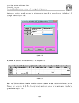 Universidad Nacional Autónoma de México
Facultad de Ingeniería
Software WINQSB aplicaciones prácticas en la Investigación de Operaciones
159
Asignamos nombres a cada uno de los actores como siguiendo el procedimiento mostrado en el
ejemplo anterior. Figura 3.46
Figura 3.46
El llenado de la matriz es como se muestra en la figura 3.47
Figura 3.47
Para este modelo tanto la tasa de llegadas como la tasa de servicio, siguen una distribución de
Poisson con parámetro de 5. En el menú formato podemos acceder a la opción para visualizarlo
gráficamente. Figura 2.48.
 