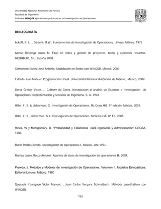 Universidad Nacional Autónoma de México
Facultad de Ingeniería
Software WINQSB aplicaciones prácticas en la Investigación de Operaciones
165
BIBLIOGRAFÍA
Ackoff, R. L. , Sasieni, M.W., Fundamentos de Investigación de Operaciones. Limusa, México, 1975.
Alonso Revenga Juana M. Flujo en redes y gestión de proyectos, teoría y ejercicios resueltos.
GESBIBLIO, S L. España 2008.
Colmenero Rivera José Antonio. Modelación en Redes con WINQSB. México, 2009.
Estrada Juan Manuel. Programación Lineal. Universidad Nacional Autónoma de México, México, 2009.
Gerez Greiser Víctor. , Cziltróm de Gerez. Introducción al análisis de Sistemas e Investigación de
Operaciones. Representación y servicios de Ingeniería. S. A. 1978.
Hiller, F. S. & Lieberman, G. Investigación de Operaciones, Mc Graw Hill. 7ª edición, México, 2001.
Hiller, F. S., Lieberman, G.J: Investigación de Operaciones. McGraw-Hill. 8ª Ed. 2006.
Hines, W y Montgomery, D. “Probabilidad y Estadística para Ingeniería y Administración” CECSA,
1993.
Marín Pinillos Benito. Investigación de operaciones I. México, año 1994.
Murray Lasso Marco Antonio. Apuntes de clase de investigación de operaciones II, 2007.
Prawda, J. Métodos y Modelos de Investigación de Operaciones. Volumen II. Modelos Estocásticos.
Editorial Limusa. México. 1980
Quesada Irbanguen Víctor Manuel. , Juan Carlos Vergara Schmalbach. Métodos cuantitativos con
WINQSB.
 