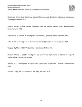 Universidad Nacional Autónoma de México
Facultad de Ingeniería
Software WINQSB aplicaciones prácticas en la Investigación de Operaciones
166
Ríos Insua David, Sixto Ríos Insua, Jacinto Martín Jiménez. Simulación Métodos y Aplicaciones.
Alfaomega. Colombia, 2000.
Runyon, Richard y Haber Autrey. Estadística para las ciencias sociales. USA: Addison-Wesley
Iberoamericana, 1992.
Sierra Bravo, R. Técnicas de investigación social: teoría y ejercicios, Madrid: Paraninfo, 1983.
Taha, Hamdy A. Investigación de Operaciones. Pearson Educación, 7ª edición, México, 2004.
Walpole, R y Myers (1992) “Probabilidad y Estadística”. McGraw-Hill.
Winston, Wayne L. (1994): Investigación de operaciones. Aplicaciones y Algoritmos. Segunda
Edición. Grupo Editorial Iberoamérica
Winston, W. L. Investigación de Operaciones, aplicaciones y algoritmos, Thomson, cuarta edición,
2005.
Yih-Long Chang. Win QSB Versión 2.0. Ed. Wiley and Sons. 2003
 