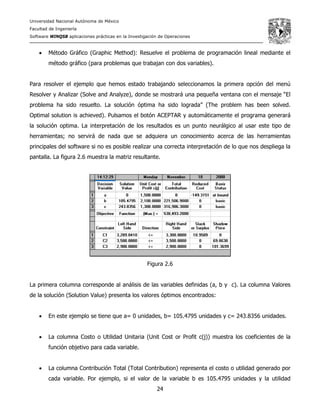 Universidad Nacional Autónoma de México
Facultad de Ingeniería
Software WINQSB aplicaciones prácticas en la Investigación de Operaciones
24
• Método Gráfico (Graphic Method): Resuelve el problema de programación lineal mediante el
método gráfico (para problemas que trabajan con dos variables).
Para resolver el ejemplo que hemos estado trabajando seleccionamos la primera opción del menú
Resolver y Analizar (Solve and Analyze), donde se mostrará una pequeña ventana con el mensaje “El
problema ha sido resuelto. La solución óptima ha sido lograda” (The problem has been solved.
Optimal solution is achieved). Pulsamos el botón ACEPTAR y automáticamente el programa generará
la solución optima. La interpretación de los resultados es un punto neurálgico al usar este tipo de
herramientas; no servirá de nada que se adquiera un conocimiento acerca de las herramientas
principales del software si no es posible realizar una correcta interpretación de lo que nos despliega la
pantalla. La figura 2.6 muestra la matriz resultante.
Figura 2.6
La primera columna corresponde al análisis de las variables definidas (a, b y c). La columna Valores
de la solución (Solution Value) presenta los valores óptimos encontrados:
• En este ejemplo se tiene que a= 0 unidades, b= 105.4795 unidades y c= 243.8356 unidades.
• La columna Costo o Utilidad Unitaria (Unit Cost or Profit c(j)) muestra los coeficientes de la
función objetivo para cada variable.
• La columna Contribución Total (Total Contribution) representa el costo o utilidad generado por
cada variable. Por ejemplo, si el valor de la variable b es 105.4795 unidades y la utilidad
 