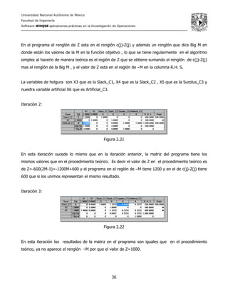 Universidad Nacional Autónoma de México
Facultad de Ingeniería
Software WINQSB aplicaciones prácticas en la Investigación de Operaciones
36
En el programa el renglón de Z esta en el renglón c(j)-Z(j) y además un renglón que dice Big M en
donde están los valores de la M en la función objetivo , lo que se tiene regularmente en el algoritmo
simplex al hacerlo de manera teórica es el reglón de Z que se obtiene sumando el renglón de c(j)-Z(j)
mas el renglón de la Big M , y el valor de Z esta en el reglón de –M en la columna R.H. S.
La variables de holgura son X3 que es la Slack_C1, X4 que es la Slack_C2 , X5 que es la Surplus_C3 y
nuestra variable artificial X6 que es Artificial_C3.
Iteración 2:
Figura 2.21
En esta iteración sucede lo mismo que en la iteración anterior, la matriz del programa tiene los
mismos valores que en el procedimiento teórico. Es decir el valor de Z en el procedimiento teórico es
de Z=-600(2M-1)=-1200M+600 y el programa en el reglón de –M tiene 1200 y en el de c(j)-Z(j) tiene
600 que si los unimos representan el mismo resultado.
Iteración 3:
Figura 2.22
En esta iteración los resultados de la matriz en el programa son iguales que en el procedimiento
teórico, ya no aparece el renglón –M por que el valor de Z=1000.
 