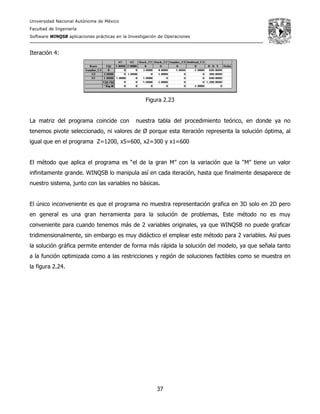 Universidad Nacional Autónoma de México
Facultad de Ingeniería
Software WINQSB aplicaciones prácticas en la Investigación de Operaciones
37
Iteración 4:
Figura 2.23
La matriz del programa coincide con nuestra tabla del procedimiento teórico, en donde ya no
tenemos pivote seleccionado, ni valores de Ø porque esta iteración representa la solución óptima, al
igual que en el programa Z=1200, x5=600, x2=300 y x1=600
El método que aplica el programa es “el de la gran M” con la variación que la “M” tiene un valor
infinitamente grande. WINQSB lo manipula así en cada iteración, hasta que finalmente desaparece de
nuestro sistema, junto con las variables no básicas.
El único inconveniente es que el programa no muestra representación grafica en 3D solo en 2D pero
en general es una gran herramienta para la solución de problemas, Este método no es muy
conveniente para cuando tenemos más de 2 variables originales, ya que WINQSB no puede graficar
tridimensionalmente, sin embargo es muy didáctico el emplear este método para 2 variables. Así pues
la solución gráfica permite entender de forma más rápida la solución del modelo, ya que señala tanto
a la función optimizada como a las restricciones y región de soluciones factibles como se muestra en
la figura 2.24.
 