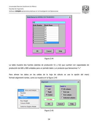 Universidad Nacional Autónoma de México
Facultad de Ingeniería
Software WINQSB aplicaciones prácticas en la Investigación de Operaciones
54
Figura 2.44
La tabla muestra dos fuentes (plantas de producción S1 y S2) que cuentan con capacidades de
producción de 600 y 800 unidades para un período dado y un producto que llamaremos “x.”
Para alinear los datos en las celdas de la hoja de cálculo se usa la opción del menú
format>alignment>center, como se muestra en la figura 2.45
Figura 2.45
 