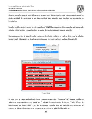 Universidad Nacional Autónoma de México
Facultad de Ingeniería
Software WINQSB aplicaciones prácticas en la Investigación de Operaciones
56
Observe que el programa automáticamente antepone un signo negativo para los nodos que requieren
cierta cantidad de suministro y un signo positivo para aquellos que cuentan con mercancía en
inventarios.
Para los problemas de transporte éste módulo de WINQSB proporciona diferentes alternativas para la
solución inicial factible, incluye también la opción de mostrar paso por paso la solución.
Como paso previo a la solución debe escogerse el método mediante el cual se determina la solución
básica inicial. Esta opción se despliega seleccionando el menú resolver y analizar. Figura 2.48
Figura 2.48
En este caso se ha escogido el método de La esquina noroeste y Pulsamos “ok”. Aunque podríamos
seleccionar cualquier otro como puede ser El método de aproximación de Voguel (VAM), Método de
aproximación de Rusell (RAM), etc. Es importante recordar que los métodos asociados con el
transporte sólo se diferencian en la forma como se obtiene la solución básica inicial.
 