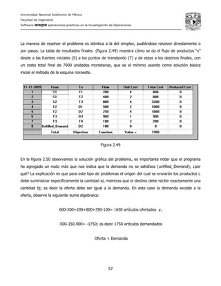 Universidad Nacional Autónoma de México
Facultad de Ingeniería
Software WINQSB aplicaciones prácticas en la Investigación de Operaciones
57
La manera de resolver el problema es idéntica a la del simplex, pudiéndose resolver directamente o
por pasos. La tabla de resultados finales (figura 2.49) muestra cómo se da el flujo de productos “x”
desde a las fuentes iniciales (S) a los puntos de transbordo (T) y de estas a los destinos finales, con
un costo total final de 7900 unidades monetarias, que es el mínimo usando como solución básica
inicial el método de la esquina noroeste.
Figura 2.49
En la figura 2.50 observamos la solución gráfica del problema, es importante notar que el programa
ha agregado un nodo más que nos indica que la demanda no se satisface (unfilled_Demand); ¿por
qué? La explicación es que para este tipo de problemas el origen del cual se enviarán los productos i,
debe suministrar específicamente la cantidad ai, mientras que el destino debe recibir exactamente una
cantidad bj; es decir la oferta debe ser igual a la demanda. En este caso la demanda excede a la
oferta, observe la siguiente suma algebraica:
600-200+200+800+350-100= 1650 artículos ofertados y,
-500-350-900= -1750; es decir 1750 artículos demandados
Oferta < Demanda
 