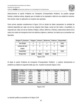 Universidad Nacional Autónoma de México
Facultad de Ingeniería
Software WINQSB aplicaciones prácticas en la Investigación de Operaciones
61
Seleccionamos la opción Problema de Transporte (Transportation Problem). Se pueden agregar
fuentes y destinos extras, después que el modelo se ha ingresado o leído de una unidad de memoria.
Para ilustrar mejor la aplicación se muestran dos ejemplos.
Como primer ejemplo consideremos la figura 2.54 en donde los datos representan la cantidad de
material disponible por cada uno de los orígenes (San Ángel, Lomas de San Isidro y Cuautitlán), lo
requerido por cada uno de los clientes (Tlalpan, Antara, Reforma y Palmas); observamos dentro de la
matriz los costos de transporte entre los distintos orígenes y destinos; los datos que se presentan son
figurados.
Origen Destino Tlalpan Antara Reforma Palmas Disponible
San Ángel 3 2 7 6 5000
Lomas de San
Isidro
7 5 2 3 6000
Cuautitlán 2 5 4 5 2500
Requerido 6000 4000 2000 1500
Figura 2.54
Al elegir la opción Problema de transporte (Transportation Problem) y resolver directamente el
problema se obtiene la siguiente tabla que nos muestra la solución (figura 2.55):
Figura 2.55
La solución gráfica se presenta en la figura 2.56
 