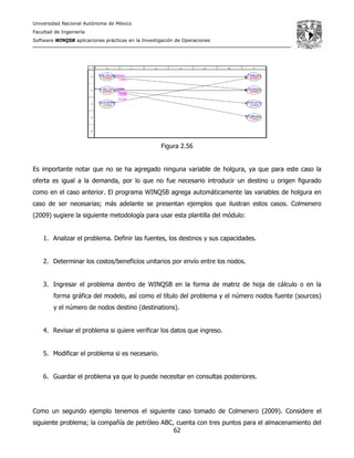 Universidad Nacional Autónoma de México
Facultad de Ingeniería
Software WINQSB aplicaciones prácticas en la Investigación de Operaciones
62
Figura 2.56
Es importante notar que no se ha agregado ninguna variable de holgura, ya que para este caso la
oferta es igual a la demanda, por lo que no fue necesario introducir un destino u origen figurado
como en el caso anterior. El programa WINQSB agrega automáticamente las variables de holgura en
caso de ser necesarias; más adelante se presentan ejemplos que ilustran estos casos. Colmenero
(2009) sugiere la siguiente metodología para usar esta plantilla del módulo:
1. Analizar el problema. Definir las fuentes, los destinos y sus capacidades.
2. Determinar los costos/beneficios unitarios por envío entre los nodos.
3. Ingresar el problema dentro de WINQSB en la forma de matriz de hoja de cálculo o en la
forma gráfica del modelo, así como el título del problema y el número nodos fuente (sources)
y el número de nodos destino (destinations).
4. Revisar el problema si quiere verificar los datos que ingreso.
5. Modificar el problema si es necesario.
6. Guardar el problema ya que lo puede necesitar en consultas posteriores.
Como un segundo ejemplo tenemos el siguiente caso tomado de Colmenero (2009). Considere el
siguiente problema; la compañía de petróleo ABC, cuenta con tres puntos para el almacenamiento del
 