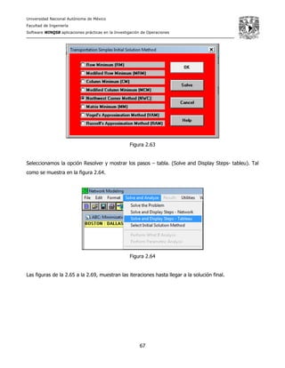 Universidad Nacional Autónoma de México
Facultad de Ingeniería
Software WINQSB aplicaciones prácticas en la Investigación de Operaciones
67
Figura 2.63
Seleccionamos la opción Resolver y mostrar los pasos – tabla. (Solve and Display Steps- tableu). Tal
como se muestra en la figura 2.64.
Figura 2.64
Las figuras de la 2.65 a la 2.69, muestran las iteraciones hasta llegar a la solución final.
 