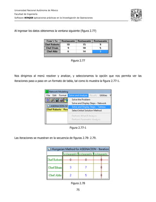 Universidad Nacional Autónoma de México
Facultad de Ingeniería
Software WINQSB aplicaciones prácticas en la Investigación de Operaciones
75
Al ingresar los datos obtenemos la ventana siguiente (figura 2.77)
Figura 2.77
Nos dirigimos al menú resolver y analizar, y seleccionamos la opción que nos permita ver las
iteraciones paso a paso en un formato de tabla, tal como lo muestra la figura 2.77-1.
Figura 2.77-1
Las iteraciones se muestran en la secuencia de figuras 2.78- 2.79.
Figura 2.78
 