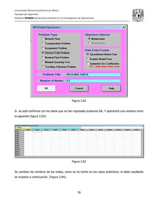 Universidad Nacional Autónoma de México
Facultad de Ingeniería
Software WINQSB aplicaciones prácticas en la Investigación de Operaciones
78
Figura 2.82
Si se está conforme con los datos que se han ingresado pulsamos Ok. Y aparecerá una ventana como
la siguiente (figura 2.83):
Figura 2.83
Se cambian los nombres de los nodos, como se ha hecho en los casos anteriores; la tabla resultante
se muestra a continuación. (Figura 2.84).
 