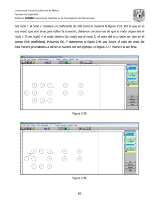 Universidad Nacional Autónoma de México
Facultad de Ingeniería
Software WINQSB aplicaciones prácticas en la Investigación de Operaciones
85
Del nodo 1 al nodo 2 tenemos un coeficiente de 100 como lo muestra la figura 2.95. Por lo que en el
sub menú que nos sirve para editar la conexión, debemos cerciorarnos de que el nodo origen sea el
nodo 1 (from node) y el nodo destino (to node) sea el nodo 2; el valor del arco debe ser cien en el
campo (link coefficient). Pulsamos OK. Y obtenemos la figura 2.96 que ilustra el valor del arco. De
esta manera procedemos a construir nuestra red del ejemplo. La figura 2.97 muestra la red final.
Figura 2.95
Figura 2.96
 