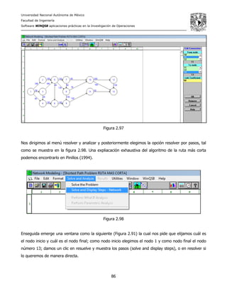 Universidad Nacional Autónoma de México
Facultad de Ingeniería
Software WINQSB aplicaciones prácticas en la Investigación de Operaciones
86
Figura 2.97
Nos dirigimos al menú resolver y analizar y posteriormente elegimos la opción resolver por pasos, tal
como se muestra en la figura 2.98. Una expliacación exhaustiva del algoritmo de la ruta más corta
podemos encontrarlo en Pinillos (1994).
Figura 2.98
Enseguida emerge una ventana como la siguiente (Figura 2.91) la cual nos pide que elijamos cuál es
el nodo inicio y cuál es el nodo final; como nodo inicio elegimos el nodo 1 y como nodo final el nodo
número 13; damos un clic en resuelve y muestra los pasos (solve and display steps), o en resolver si
lo queremos de manera directa.
 