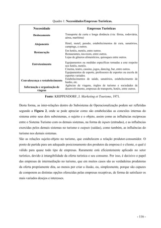 Quadro 1: Necessidades/Empresas Turísticas.
Necessidade Empresas Turísticas
Deslocamento Transporte de curta e longa distância (via: férrea, rodoviária,
aérea, marítima)
Alojamento Hotel, motel, pensão, estabelecimentos de cura, sanatórios,
campings, e outros.
Restauração
Em hotéis, motéis, entre outros.
Restaurantes, tea-room, entre outros.
Lojas de gêneros alimentícios, quiosques entre outros.
Entretenimento
Equipamentos ou medidas específicas tomadas a este respeito
nos hotéis, motéis.
Cinema, teatro, cassino, jogos, dancing, bar, entre outros.
Equipamentos de esporte, professores de esportes ou escola de
esportes variados.
Convalescença e restabelecimento
Estabelecimentos de saúde, sanatórios, estabelecimento de
banho, etc.
Informação e organização de
viagens
Agências de viagens, órgãos de turismo e sociedades de
desenvolvimento, empresas de transporte, hotéis, entre outros.
Fonte: KRIPPENDORF, J. Marketing et Tourisme, 1971.
Desta forma, as inter-relações dentro do Subsistema de Operacionalização podem ser refletidas
segundo a Figura 2, onde se pode apreciar como são estabelecidas as conexões internas do
sistema entre seus dois subsistemas, o sujeito e o objeto, assim como as influências recíprocas
entre o Sistema Turismo com os demais sistemas, na forma de inputs (entradas), e as influências
exercidas pelos demais sistemas no turismo e outputs (saídas), como também, as influências do
turismo nos demais sistemas.
São as relações sujeito-objeto no turismo, que estabelecem a relação produtor-consumidor. O
ponto de partida para um adequado posicionamento dos produtos da empresa é o cliente, o qual é
válido para quase todo tipo de empresas. Raramente está eficientemente aplicado no setor
turístico, devido à intangibilidade da oferta turística e seu consumo. Por isso, é decisivo o papel
das empresas de intermediação no turismo, que em muitos casos são as verdadeiras produtoras
da oferta propriamente dita, ao menos por criar a ilusão, ou, simplesmente, porque são capazes
de comporem as distintas opções oferecidas pelas empresas receptivas, de forma de satisfazer os
mais variados desejos e interesses.
- 116 -
 