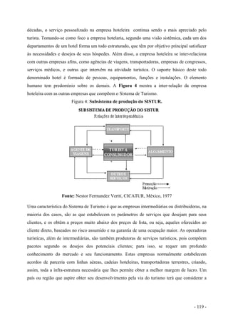décadas, o serviço pessoalizado na empresa hoteleira continua sendo o mais apreciado pelo
turista. Tomando-se como foco a empresa hotelaria, segundo uma visão sistêmica, cada um dos
departamentos de um hotel forma um todo estruturado, que têm por objetivo principal satisfazer
às necessidades e desejos de seus hóspedes. Além disso, a empresa hoteleira se inter-relaciona
com outras empresas afins, como agências de viagens, transportadoras, empresas de congressos,
serviços médicos, e outras que intervêm na atividade turística. O suporte básico deste todo
denominado hotel é formado de pessoas, equipamentos, funções e instalações. O elemento
humano tem predomínio sobre os demais. A Figura 4 mostra a inter-relação da empresa
hoteleira com as outras empresas que compõem o Sistema de Turismo.
Figura 4: Subsistema de produção do SISTUR.
Fonte: Nestor Fermandez Vertti, CICATUR, México, 1977
Uma característica do Sistema de Turismo é que as empresas intermediárias ou distribuidoras, na
maioria dos casos, são as que estabelecem os parâmetros de serviços que desejam para seus
clientes, e os obtêm a preços muito abaixo dos preços de lista, ou seja, aqueles oferecidos ao
cliente direto, baseados no risco assumido e na garantia de uma ocupação maior. As operadoras
turísticas, além de intermediárias, são também produtoras de serviços turísticos, pois compõem
pacotes segundo os desejos dos potenciais clientes; para isso, se requer um profundo
conhecimento do mercado e seu funcionamento. Estas empresas normalmente estabelecem
acordos de parceria com linhas aéreas, cadeias hoteleiras, transportadoras terrestres, criando,
assim, toda a infra-estrutura necessária que lhes permite obter a melhor margem de lucro. Um
país ou região que aspire obter seu desenvolvimento pela via do turismo terá que considerar a
- 119 -
 