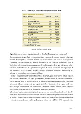 Tabela 8: As maiores cadeias hoteleiras no mundo em 2000.
Fonte: Revista Fortune, 1999.
O papel dos tour operators (agências): canais de distribuição ou empresas produtoras?
O reconhecimento do papel das operadoras turísticas e agências de turismo, segundo a legislação
brasileira, foi interpretado de maneira diferente por diversos autores. Têm-se desde os enfoques mais
tradicionais, que as situam como empresas intermediárias, ou empresas varejistas no canal de
distribuição, até os que a colocam na categoria de produtoras, pois são as que oferecem o único e
verdadeiro produto turístico. É a operadora ou a agência de turismo responsável pela organização de
uma viagem de ida e regresso do lugar de residência habitual até um destino determinado, para
satisfazer os mais variados interesses e necessidades.
Turismo é basicamente deslocamento temporal de ida e volta, para visitar outras cidades e países,
com fins bem determinados. Isto supõe que se poderão mudar os hábitos de consumo, os interesses e
motivações para viajar, as vias para organizar os pacotes turísticos, os meios de transporte, que estão
se tornando cada vez mais confortáveis, seguros e rápidos. No entanto, o hotel seguirá ainda como
tendo um lugar imprescindível para o descanso e o prazer nas viagens. Precisará, então, adequar-se
cada vez mais, de acordo com as necessidades de seus futuros hóspedes.
A literatura sobre turismo e marketing turístico, apresenta uma contradição ainda não resolvida sobre
quem são os produtores e os distribuidores em turismo. Reflete sobre o papel outrogado às agências
de viagens e às operadoras turísticas. Alguns autores colocam estas empresas na linha da distribuição
e outros como os verdadeiros produtores. Entre estes últimos está MUÑOZ (1990) que seguiu como
- 123 -
 