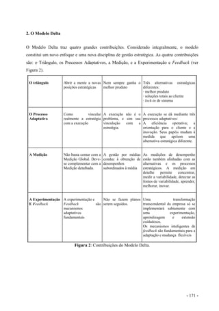 2. O Modelo Delta
O Modelo Delta traz quatro grandes contribuições. Considerado integralmente, o modelo
constitui um novo enfoque e uma nova disciplina de gestão estratégica. As quatro contribuições
são: o Triângulo, os Processos Adaptativos, a Medição, e a Experimentação e Feedback (ver
Figura 2).
O triângulo Abrir a mente a novas
posições estratégicas
Nem sempre ganha o
melhor produto
Três alternativas estratégicas
diferentes:
· melhor produto
· soluções totais ao cliente
· lock-in de sistema
O Processo
Adaptativo
Como vincular
realmente a estratégia
com a execução
A execução não é o
problema, e sim sua
vinculação com a
estratégia.
A execução se dá mediante três
processos adaptativos:
A eficiência operativa; a
orientação para o cliente e a
inovação. Seus papéis mudam à
medida que apóiem uma
alternativa estratégica diferente.
A Medição Não basta contar com a
Medição Global. Deve-
se complementar com a
Medição detalhada.
A gestão por médias
conduz à obtenção de
desempenhos
subordinados à média
As medições de desempenho
estão também alinhadas com as
alternativas e os processos
estratégicos. A medição em
detalhe permite concentrar,
medir a variabilidade, detectar as
fontes de variabilidade, aprender,
melhorar, inovar.
A Experimentação
E Feedback
A experimentação e
Feedback são
mecanismos
adaptativos
fundamentais
Não se fazem planos
serem seguidos.
Uma transformação
transcendental da empresa só se
implementará sabiamente com
uma experimentação,
aprendizagem e extensão
cuidadosos.
Os mecanismos inteligentes de
feedback são fundamentais para a
adaptação e mudança flexíveis
Figura 2: Contribuições do Modelo Delta.
- 171 -
 
