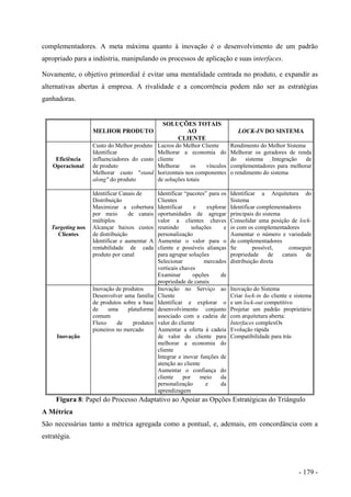 complementadores. A meta máxima quanto à inovação é o desenvolvimento de um padrão
apropriado para a indústria, manipulando os processos de aplicação e suas interfaces.
Novamente, o objetivo primordial é evitar uma mentalidade centrada no produto, e expandir as
alternativas abertas à empresa. A rivalidade e a concorrência podem não ser as estratégias
ganhadoras.
MELHOR PRODUTO
SOLUÇÕES TOTAIS
AO
CLIENTE
LOCK-IN DO SISTEMA
Eficiência
Operacional
Custo do Melhor produto
Identificar
influenciadores do custo
de produto
Melhorar custo "stand
along" do produto
Lucros do Melhor Cliente
Melhorar a economia do
cliente
Melhorar os vínculos
horizontais nos componentes
de soluções totais
Rendimento do Melhor Sistema
Melhorar os geradores de renda
do sistema Integração de
complementadores para melhorar
o rendimento do sistema
Targeting nos
Clientes
Identificar Canais de
Distribuição
Maximizar a cobertura
por meio de canais
múltiplos
Alcançar baixos custos
de distribuição
Identificar e aumentar A
rentabilidade de cada
produto por canal
Identificar “pacotes” para os
Clientes
Identificar e explorar
oportunidades de agregar
valor a clientes chaves
reunindo soluções e
personalização
Aumentar o valor para o
cliente e possíveis alianças
para agrupar soluções
Selecionar mercados
verticais chaves
Examinar opções de
propriedade de canais
Identificar a Arquitetura do
Sistema
Identificar complementadores
principais do sistema
Consolidar uma posição de lock-
in com os complementadores
Aumentar o número e variedade
de complementadores
Se possível, conseguir
propriedade de canais de
distribuição direta
Inovação
Inovação de produtos
Desenvolver uma família
de produtos sobre a base
de uma plataforma
comum
Fluxo de produtos
pioneiros no mercado
Inovação no Serviço ao
Cliente
Identificar e explorar o
desenvolvimento conjunto
associado com a cadeia de
valor do cliente
Aumentar a oferta à cadeia
de valor do cliente para
melhorar a economia do
cliente
Integrar e inovar funções de
atenção ao cliente
Aumentar o confiança do
cliente por meio da
personalização e da
aprendizagem
Inovação do Sistema
Criar lock-in do cliente e sistema
e um lock-out competitivo
Projetar um padrão proprietário
com arquitetura aberta:
Interfaces complexOs
Evolução rápida
Compatibilidade para trás
Figura 8: Papel do Processo Adaptativo ao Apoiar as Opções Estratégicas do Triângulo
A Métrica
São necessárias tanto a métrica agregada como a pontual, e, ademais, em concordância com a
estratégia.
- 179 -
 