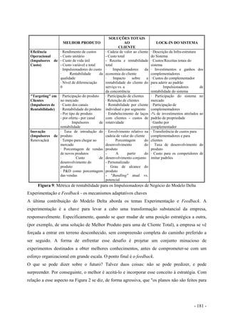 MELHOR PRODUTO
SOLUÇÕES TOTAIS
AO
CLIENTE
LOCK-IN DO SISTEMA
Eficiência
Operacional
(Impulsores de
Custo)
· Rendimento de custos
- Custo unitário
- Custo de vida útil
- Custo variável e total
· Impulsionadores do custo
· Rentabilidade da
qualidade
· Nível de diferenciação
0
· Cadeia de valor ao cliente
- Custo total
- Receita e rentabilidade
total
· Impulsionadores da
economia do cliente
· Impacto sobre a
rentabilidade do cliente do
serviço vs. a
da concorrência
· Descrição da Infra-estrutura
do Sistema
· Custos/Receitas totais do
sistema
· Investimentos e ganhos dos
complementadores
· Custos do complementador
para aderir ao padrão
· Impulsionadores de
rentabilidade do sistema
"Targeting" em
Clientes
(Impulsores de
Rentabilidade)
· Participação do produto
no mercado
· Custo dos canais
· Rentabilidade do produto
- Por tipo de produto
- por oferta - por canal
· Impulsores de
rentabilidade
· Participação de clientes
· Retenção de clientes
· Rentabilidade por cliente
individual e por segmento
· Estabelecimento de laços
com clientes - custos de
rotatividade
· Participação do sistema no
mercado
· Participação de
complementadores
-% de investimentos atrelados ao
padrão de propriedade
· Ganho por
complementador
Inovação
(Impulsores de
Renovação)
· Taxa de introdução do
produto
· Tempo para chegar ao
mercado
· Porcentagem de vendas
de novos produtos
· Custo de
desenvolvimento do
produto
· P&D como porcentagem
das vendas
· Envolvimento relativo na
cadeia de valor do cliente
· Porcentagem do
desenvolvimento do
produto
- A partir do
desenvolvimento conjunto
- Personalizado
· Grau de alcance do
produto
- "Bundling" atual vs.
potencial
· Transferência de custos para
complementadores e para
clientes
· Taxa de desenvolvimento do
produto
· Custo para os competidores de
imitar padrões
Figura 9: Métrica de rentabilidade para os Impulsionadores de Negócio do Modelo Delta
Experimentação e Feedback - os mecanismos adaptativos chaves
A última contribuição do Modelo Delta aborda os temas Experimentação e Feedback. A
experimentação é a chave para levar a cabo uma transformação substancial da empresa,
responsavelmente. Especificamente, quando se quer mudar de uma posição estratégica a outra,
(por exemplo, de uma solução de Melhor Produto para uma de Cliente Total), a empresa se vê
forçada a entrar em terreno desconhecido, sem compreensão completa do caminho preferido a
ser seguido. A forma de enfrentar esse desafio é projetar um conjunto minucioso de
experimentos destinados a obter melhores conhecimentos, antes de comprometer-se com um
esforço organizacional em grande escala. O ponto final é o feedback.
O que se pode dizer sobre o futuro? Talvez duos coisas: não se pode predizer, e pode
surpreender. Por conseguinte, o melhor é aceitá-lo e incorporar esse conceito à estratégia. Com
relação a esse aspecto na Figura 2 se diz, de forma agressiva, que "os planos não são feitos para
- 181 -
 