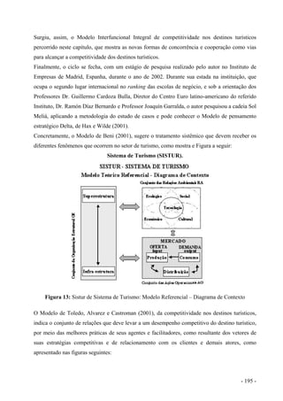 Surgiu, assim, o Modelo Interfuncional Integral de competitividade nos destinos turísticos
percorrido neste capítulo, que mostra as novas formas de concorrência e cooperação como vias
para alcançar a competitividade dos destinos turísticos.
Finalmente, o ciclo se fecha, com um estágio de pesquisa realizado pelo autor no Instituto de
Empresas de Madrid, Espanha, durante o ano de 2002. Durante sua estada na instituição, que
ocupa o segundo lugar internacional no ranking das escolas de negócio, e sob a orientação dos
Professores Dr. Guillermo Cardoza Bulla, Diretor do Centro Euro latino-americano do referido
Instituto, Dr. Ramón Díaz Bernardo e Professor Joaquín Garralda, o autor pesquisou a cadeia Sol
Meliá, aplicando a metodologia do estudo de casos e pode conhecer o Modelo de pensamento
estratégico Delta, de Hax e Wilde (2001).
Concretamente, o Modelo de Beni (2001), sugere o tratamento sistêmico que devem receber os
diferentes fenômenos que ocorrem no setor de turismo, como mostra e Figura a seguir:
Sistema de Turismo (SISTUR).
Figura 13: Sistur de Sistema de Turismo: Modelo Referencial – Diagrama de Contexto
O Modelo de Toledo, Alvarez e Castroman (2001), da competitividade nos destinos turísticos,
indica o conjunto de relações que deve levar a um desempenho competitivo do destino turístico,
por meio das melhores práticas de seus agentes e facilitadores, como resultante dos vetores de
suas estratégias competitivas e de relacionamento com os clientes e demais atores, como
apresentado nas figuras seguintes:
- 195 -
 