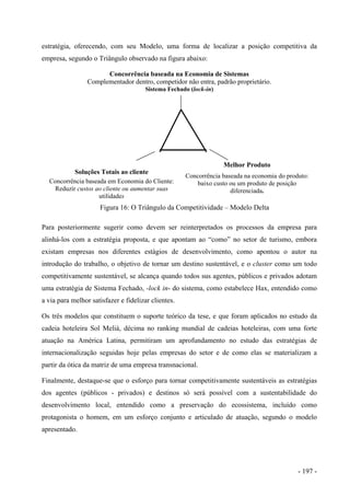 estratégia, oferecendo, com seu Modelo, uma forma de localizar a posição competitiva da
empresa, segundo o Triângulo observado na figura abaixo:
Concorrência baseada na Economia de Sistemas
Complementador dentro, competidor não entra, padrão proprietário.
Sistema Fechado (lock-in)
Soluções Totais ao cliente
Concorrência baseada em Economia do Cliente:
Reduzir custos ao cliente ou aumentar suas
utilidades
Melhor Produto
Concorrência baseada na economia do produto:
baixo custo ou um produto de posição
diferenciada.
Figura 16: O Triângulo da Competitividade – Modelo Delta
Para posteriormente sugerir como devem ser reinterpretados os processos da empresa para
alinhá-los com a estratégia proposta, e que apontam ao “como” no setor de turismo, embora
existam empresas nos diferentes estágios de desenvolvimento, como apontou o autor na
introdução do trabalho, o objetivo de tornar um destino sustentável, e o cluster como um todo
competitivamente sustentável, se alcança quando todos sus agentes, públicos e privados adotam
uma estratégia de Sistema Fechado, -lock in- do sistema, como estabelece Hax, entendido como
a via para melhor satisfazer e fidelizar clientes.
Os três modelos que constituem o suporte teórico da tese, e que foram aplicados no estudo da
cadeia hoteleira Sol Meliá, décima no ranking mundial de cadeias hoteleiras, com uma forte
atuação na América Latina, permitiram um aprofundamento no estudo das estratégias de
internacionalização seguidas hoje pelas empresas do setor e de como elas se materializam a
partir da ótica da matriz de uma empresa transnacional.
Finalmente, destaque-se que o esforço para tornar competitivamente sustentáveis as estratégias
dos agentes (públicos - privados) e destinos só será possível com a sustentabilidade do
desenvolvimento local, entendido como a preservação do ecossistema, incluído como
protagonista o homem, em um esforço conjunto e articulado de atuação, segundo o modelo
apresentado.
- 197 -
 