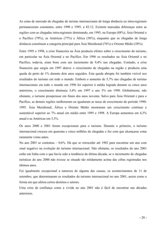 As cotas de mercado de chegadas de turistas internacionais de longa distância ou intra-regionais
permaneceram constantes, entre 1990 e 1995, a 82:12. Existem marcadas diferenças entre as
regiões com as chegadas intra-regionais dominando, em 1995, na Europa (88%), Ásia Oriental e
o Pacífico (79%), as Américas (77%) e África (58%), enquanto que as chegadas de longa
distância constituem a categoria principal para Ásia Meridional (76%) e Oriente Médio (58%).
Entre 1995 e 1998, a crise financeira na Ásia produziu efeitos sobre o crescimento do turismo,
em particular na Ásia Oriental e no Pacífico. Em 1996 os resultados na Ásia Oriental e no
Pacífico, todavia, eram bons com um incremento de 9,4% nas chegadas. Contudo, a crise
financeira que surgiu em 1997 deteve o crescimento de chegadas na região e produziu uma
queda de perto de 1% durante dois anos seguidos. Esta queda abrupta foi também visível nos
resultados do turismo em todo o mundo. Embora o aumento de 5,7% nas chegadas de turistas
internacionais em todo o mundo em 1996 foi superior à média lograda durante os cinco anos
anteriores, o crescimento diminuiu 3,4% em 1997 e uns 3% em 1998. Globalmente, não
obstante, o turismo prosperasse em finais dos anos noventa. Salvo para Ásia Oriental e para o
Pacífico, as demais regiões melhoraram ou igualaram as taxas de crescimento do período 1990-
1995. Ásia Meridional, África e Oriente Médio mostraram um crescimento contínuo e
sustentável superior ao 7% anual em média entre 1995 e 1998. A Europa aumentou em 4,3%
anual e as Américas em 3,3%.
Os anos 2000 e 2001 foram excepcionais para o turismo. Durante o primeiro, o turismo
internacional cresceu em quarenta e cinco milhões de chegadas e fez com que alcançasse cotas
raramente vistas antes.
No ano 2001 se contratou – 0,6%. Há que se retroceder até 1982 para encontrar um ano com
sinal negativo na evolução do turismo internacional. Não obstante, os resultados do ano 2001
estão em linha com o que havia sido a tendência da última década, se o incremento de chegadas
turísticas do ano 2000 não tivesse se situado tão nitidamente acima das cifras registradas nos
últimos anos.
Foi igualmente excepcional a natureza de alguma das causas, os acontecimentos de 11 de
setembro, que determinaram os resultados do turismo internacional no ano 2001, assim como a
forma em que afetou certos destinos e setores.
Uma crise de confiança como a vivida no ano 2001 não é fácil de encontrar nas décadas
anteriores.
- 20 -
 