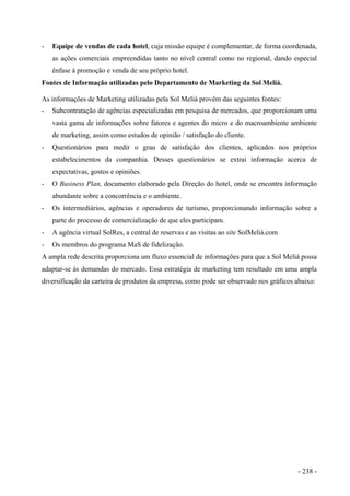 - Equipe de vendas de cada hotel, cuja missão equipe é complementar, de forma coordenada,
as ações comerciais empreendidas tanto no nível central como no regional, dando especial
ênfase à promoção e venda de seu próprio hotel.
Fontes de Informação utilizadas pelo Departamento de Marketing da Sol Meliá.
As informações de Marketing utilizadas pela Sol Meliá provêm das seguintes fontes:
- Subcontratação de agências especializadas em pesquisa de mercados, que proporcionam uma
vasta gama de informações sobre fatores e agentes do micro e do macroambiente ambiente
de marketing, assim como estudos de opinião / satisfação do cliente.
- Questionários para medir o grau de satisfação dos clientes, aplicados nos próprios
estabelecimentos da companhia. Desses questionários se extrai informação acerca de
expectativas, gostos e opiniões.
- O Business Plan, documento elaborado pela Direção do hotel, onde se encontra informação
abundante sobre a concorrência e o ambiente.
- Os intermediários, agências e operadores de turismo, proporcionando informação sobre a
parte do processo de comercialização de que eles participam.
- A agência virtual SolRes, a central de reservas e as visitas ao site SolMeliá.com
- Os membros do programa MaS de fidelização.
A ampla rede descrita proporciona um fluxo essencial de informações para que a Sol Meliá possa
adaptar-se às demandas do mercado. Essa estratégia de marketing tem resultado em uma ampla
diversificação da carteira de produtos da empresa, como pode ser observado nos gráficos abaixo:
- 238 -
 