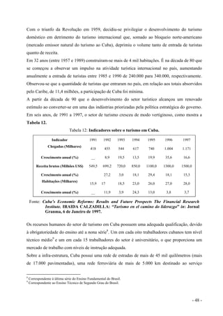 Com o triunfo da Revolução em 1959, decidiu-se privilegiar o desenvolvimento do turismo
doméstico em detrimento do turismo internacional que, somado ao bloqueio norte-americano
(mercado emissor natural do turismo ao Cuba), deprimiu o volume tanto de entrada de turistas
quanto de receita.
Em 32 anos (entre 1957 e 1989) construíram-se mais de 4 mil habitações. É na década de 80 que
se começou a observar um impulso na atividade turística internacional no país, aumentando
anualmente a entrada de turistas entre 1985 e 1990 de 240.000 para 340.000, respectivamente.
Observou-se que a quantidade de turistas que entraram no país, em relação aos totais absorvidos
pelo Caribe, de 11,4 milhões, a participação de Cuba foi mínima.
A partir da década de 90 que o desenvolvimento do setor turístico alcançou um renovado
estímulo ao converter-se em uma das indústrias priorizadas pela política estratégica do governo.
Em seis anos, de 1991 a 1997, o setor de turismo cresceu de modo vertiginoso, como mostra a
Tabela 12.
Tabela 12: Indicadores sobre o turismo em Cuba.
Indicador 1991 1992 1993 1994 1995 1996 1997
Chegadas (Milhares)
418 455 544 617 740 1.004 1.171
Crescimento anual (%) __ 8,9 19,5 13,5 19,9 35,6 16,6
Receita brutos (Milhões US$) 549,5 699,2 720,0 850,0 1100,0 1300,0 1500,0
Crescimento anual (%) 27,2 3,0 18,1 29,4 18,1 15,3
Habitações (Milhares)
15,9 17 18,5 23,0 26,0 27,0 28,0
Crescimento anual (%) __ 11,9 3,9 24,3 13,0 3,8 3,7
Fonte: Cuba’s Economic Reforms: Results and Future Prospects The Financial Research
Institute. IRAIDA CALZADILLA: “Turismo en el camino do liderazgo” in: Jornal
Granma, 6 de Janeiro de 1997.
Os recursos humanos do setor de turismo em Cuba possuem uma adequada qualificação, devido
à obrigatoriedade do ensino até a nona série8
. Um em cada oito trabalhadores cubanos tem nível
técnico médio9
e um em cada 15 trabalhadores do setor é universitário, o que proporciona um
mercado de trabalho com níveis de instrução adequada.
Sobre a infra-estrutura, Cuba possui uma rede de estradas de mais de 45 mil quilômetros (mais
de 17.000 pavimentadas), uma rede ferroviária de mais de 5.000 km destinado ao serviço
8
Correspondente à última série do Ensino Fundamental do Brasil.
9
Correspondente ao Ensino Técnico de Segundo Grau do Brasil.
- 48 -
 
