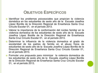 OBJETIVOS ESPECÍFICOS 
 Identificar los problemas psicosociales que propician la violencia 
doméstica en los estudiantes de sexto año de la Escuela Josefina 
López Bonilla de la Dirección Regional de Enseñanza Santa Cruz 
Circuito Escolar 01, en el período 2013. 
 Valorar la importancia de la conformación del núcleo familiar en la 
violencia domestica de los estudiantes de sexto año de la Escuela 
Josefina López Bonilla de la Dirección Regional de Enseñanza 
Santa Cruz Circuito Escolar 01, en el período 2013. 
 Determinar la influencia de la violencia domestica el grado de 
escolaridad de los padres de familia en el abuso física de 
estudiantes de sexto año de la Escuela Josefina López Bonilla de la 
Dirección Regional de Enseñanza Santa Cruz Circuito Escolar 01, 
en el período 2013. 
 Formular una propuesta para minimizar la violencia domestica de 
los estudiantes de sexto año de la Escuela Josefina López Bonilla 
de la Dirección Regional de Enseñanza Santa Cruz Circuito Escolar 
01, en el período 2013. 
 