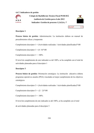 104 
4.4.7. Indicadores de gestión 
Colegio de Bachillerato Técnico Fiscal PURUHÁ 
Auditoría de Gestión para el año 2012 
Indicador: Gestión de procesos 1,3,4,5,6 y 7 
Descriptor 1 
Proceso básico de gestión: Administración: La institución elabora un manual de 
procedimientos eficaz y trasparente 
Cumplimiento descriptor 1 = (Actividades realizadas / Actividades planificadas)*100 
Cumplimiento descriptor 1 = (4 / 4)*100 
Cumplimiento descriptor 1 = 100% 
El nivel de cumplimiento de este indicador es del 100%, se ha cumplido con el total de 
actividades planeadas para el descriptor 1 
Descriptor 3 
Proceso básico de gestión: Orientación estratégica: La institución educativa elabora 
programas operativos anuales (POA) vinculados al mejor cumplimiento de los objetivos 
estratégicos 
Cumplimiento descriptor 3 = (Actividades realizadas / Actividades planificadas)*100 
Cumplimiento descriptor 3 = (2 / 2)*100 
Cumplimiento descriptor 3 = 100% 
El nivel de cumplimiento de este indicador es del 100%, se ha cumplido con el total 
de actividades planeadas para el descriptor 3 
IG/GP 1/3 
 