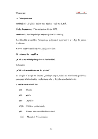 53 
Preguntas: 
A. Datos generales 
Institución: Colegio de Bachillerato Técnico Fiscal PURUHÁ. 
Fecha de creación: 27 de septiembre del año 1972 
Dirección: Carretera principal a Químiag- barrió Guabulag. 
Localización geográfica: Parroquia de Químiag al nororiente y a 16 Km del cantón 
Riobamba 
Correo electrónico: itsapuruha_rec@yahoo.com 
B. Información específica 
¿Cuál es actividad principal de la institución? 
Educación 
¿Cuál es la situación actual del plantel? 
El colegio es el eje del circuito Quimiag Cubijies, todas las instituciones pasaron a 
pertenecer a la institución, y se hará una sola, es decir las absorberá al resto. 
La institución cuenta con: 
(SI) Misión 
(SI) Visión 
(SI) Objetivos 
(NO) Políticas Institucionales 
(SI) Plan de transformación institucional 
(NO) Manual de Procedimientos 
ENR 2/4 
 