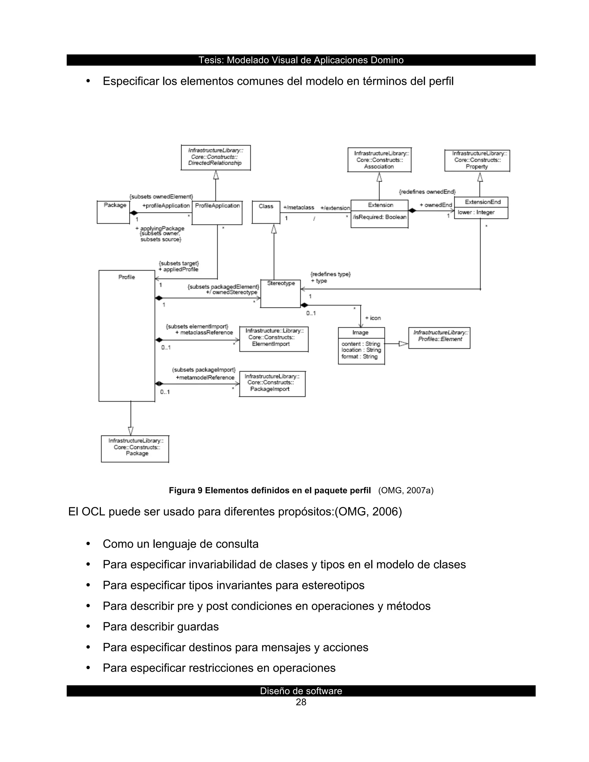 Tesis:  Modelado  Visual  de  Aplicaciones  Domino  
Diseño  de  software  
28    
•   Especificar  los  elementos  comunes  del  modelo  en  términos  del  perfil  
  
  
Figura  9  Elementos  definidos  en  el  paquete  perfil      (OMG,  2007a)  
El  OCL  puede  ser  usado  para  diferentes  propósitos:(OMG,  2006)  
•   Como  un  lenguaje  de  consulta  
•   Para  especificar  invariabilidad  de  clases  y  tipos  en  el  modelo  de  clases  
•   Para  especificar  tipos  invariantes  para  estereotipos  
•   Para  describir  pre  y  post  condiciones  en  operaciones  y  métodos  
•   Para  describir  guardas  
•   Para  especificar  destinos  para  mensajes  y  acciones  
•   Para  especificar  restricciones  en  operaciones  
 