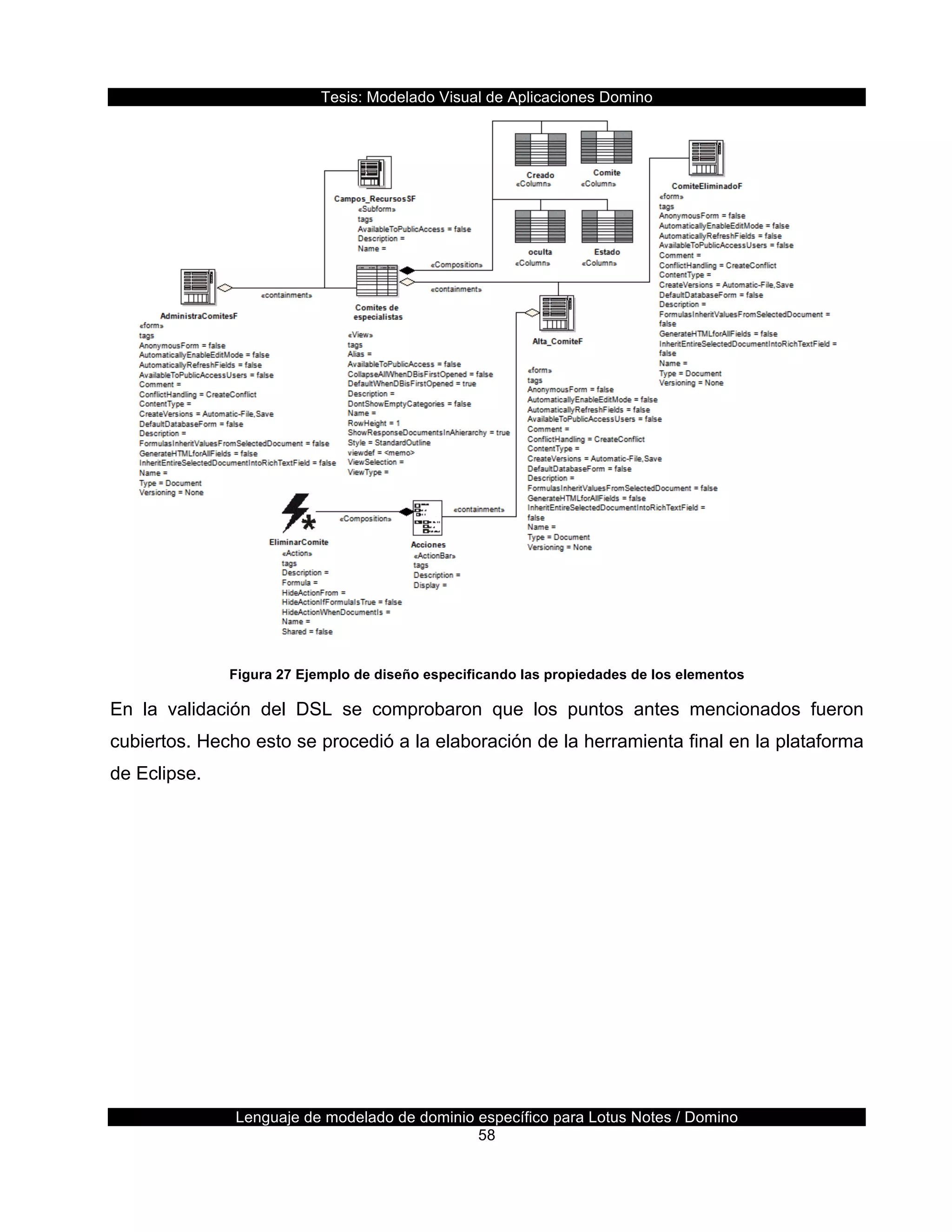 Tesis:  Modelado  Visual  de  Aplicaciones  Domino  
Lenguaje  de  modelado  de  dominio  específico  para  Lotus  Notes  /  Domino  
58  
  
Figura  27  Ejemplo  de  diseño  especificando  las  propiedades  de  los  elementos  
En   la   validación   del   DSL   se   comprobaron   que   los   puntos   antes   mencionados   fueron  
cubiertos.  Hecho  esto  se  procedió  a  la  elaboración  de  la  herramienta  final  en  la  plataforma  
de  Eclipse.  
  
 