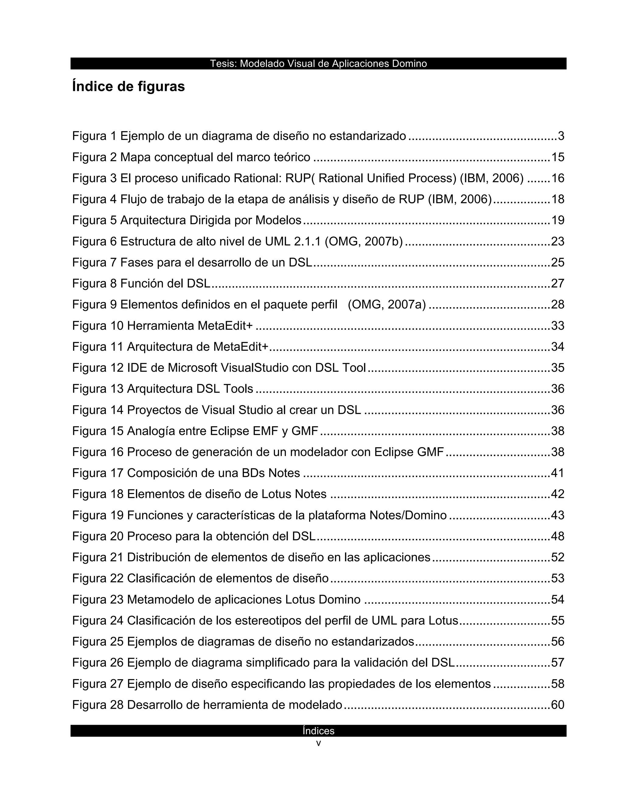 Tesis:  Modelado  Visual  de  Aplicaciones  Domino  
Índices  
v    
Índice  de  figuras  
  
Figura  1  Ejemplo  de  un  diagrama  de  diseño  no  estandarizado  ............................................  3  
Figura  2  Mapa  conceptual  del  marco  teórico  ......................................................................  15  
Figura  3  El  proceso  unificado  Rational:  RUP(  Rational  Unified  Process)  (IBM,  2006)  .......  16  
Figura  4  Flujo  de  trabajo  de  la  etapa  de  análisis  y  diseño  de  RUP  (IBM,  2006)  .................  18  
Figura  5  Arquitectura  Dirigida  por  Modelos  .........................................................................  19  
Figura  6  Estructura  de  alto  nivel  de  UML  2.1.1  (OMG,  2007b)  ...........................................  23  
Figura  7  Fases  para  el  desarrollo  de  un  DSL  ......................................................................  25  
Figura  8  Función  del  DSL  ....................................................................................................  27  
Figura  9  Elementos  definidos  en  el  paquete  perfil      (OMG,  2007a)  ....................................  28  
Figura  10  Herramienta  MetaEdit+  .......................................................................................  33  
Figura  11  Arquitectura  de  MetaEdit+  ...................................................................................  34  
Figura  12  IDE  de  Microsoft  VisualStudio  con  DSL  Tool  ......................................................  35  
Figura  13  Arquitectura  DSL  Tools  .......................................................................................  36  
Figura  14  Proyectos  de  Visual  Studio  al  crear  un  DSL  .......................................................  36  
Figura  15  Analogía  entre  Eclipse  EMF  y  GMF  ....................................................................  38  
Figura  16  Proceso  de  generación  de  un  modelador  con  Eclipse  GMF  ...............................  38  
Figura  17  Composición  de  una  BDs  Notes  .........................................................................  41  
Figura  18  Elementos  de  diseño  de  Lotus  Notes  .................................................................  42  
Figura  19  Funciones  y  características  de  la  plataforma  Notes/Domino  ..............................  43  
Figura  20  Proceso  para  la  obtención  del  DSL  .....................................................................  48  
Figura  21  Distribución  de  elementos  de  diseño  en  las  aplicaciones  ...................................  52  
Figura  22  Clasificación  de  elementos  de  diseño  .................................................................  53  
Figura  23  Metamodelo  de  aplicaciones  Lotus  Domino  .......................................................  54  
Figura  24  Clasificación  de  los  estereotipos  del  perfil  de  UML  para  Lotus  ...........................  55  
Figura  25  Ejemplos  de  diagramas  de  diseño  no  estandarizados  ........................................  56  
Figura  26  Ejemplo  de  diagrama  simplificado  para  la  validación  del  DSL  ............................  57  
Figura  27  Ejemplo  de  diseño  especificando  las  propiedades  de  los  elementos  .................  58  
Figura  28  Desarrollo  de  herramienta  de  modelado  .............................................................  60  
 