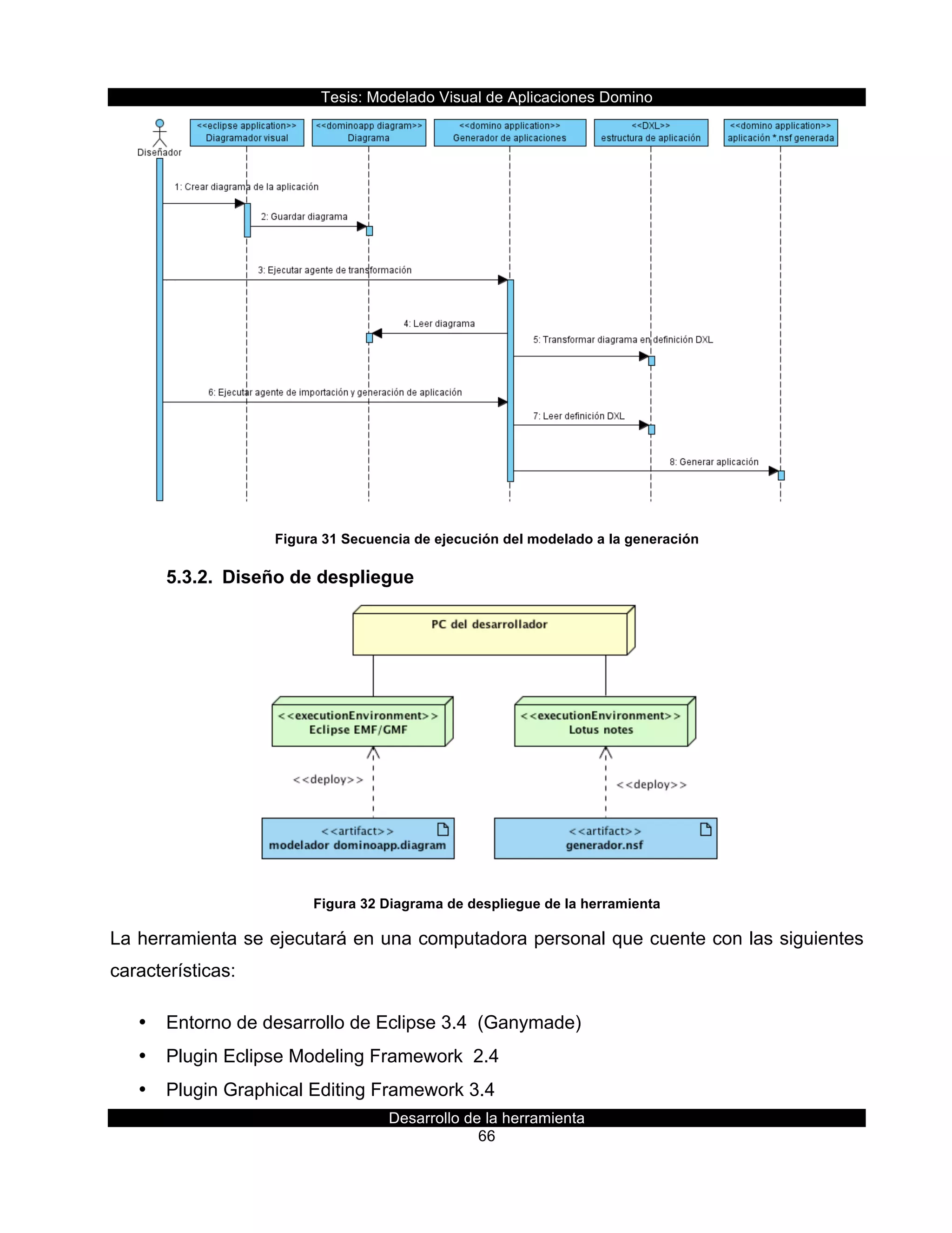 Tesis:  Modelado  Visual  de  Aplicaciones  Domino  
Desarrollo  de  la  herramienta  
66  
  
Figura  31  Secuencia  de  ejecución  del  modelado  a  la  generación  
5.3.2.   Diseño  de  despliegue  
  
Figura  32  Diagrama  de  despliegue  de  la  herramienta  
La  herramienta  se  ejecutará  en  una  computadora  personal  que  cuente  con  las  siguientes  
características:  
•   Entorno  de  desarrollo  de  Eclipse  3.4    (Ganymade)  
•   Plugin  Eclipse  Modeling  Framework    2.4  
•   Plugin  Graphical  Editing  Framework  3.4  
 