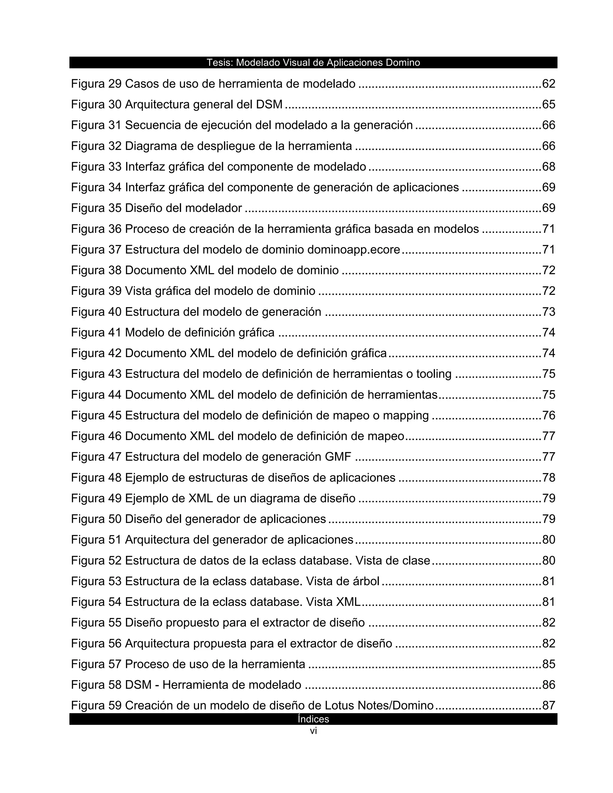 Tesis:  Modelado  Visual  de  Aplicaciones  Domino  
Índices  
vi    
Figura  29  Casos  de  uso  de  herramienta  de  modelado  .......................................................  62  
Figura  30  Arquitectura  general  del  DSM  .............................................................................  65  
Figura  31  Secuencia  de  ejecución  del  modelado  a  la  generación  ......................................  66  
Figura  32  Diagrama  de  despliegue  de  la  herramienta  ........................................................  66  
Figura  33  Interfaz  gráfica  del  componente  de  modelado  ....................................................  68  
Figura  34  Interfaz  gráfica  del  componente  de  generación  de  aplicaciones  ........................  69  
Figura  35  Diseño  del  modelador  .........................................................................................  69  
Figura  36  Proceso  de  creación  de  la  herramienta  gráfica  basada  en  modelos  ..................  71  
Figura  37  Estructura  del  modelo  de  dominio  dominoapp.ecore  ..........................................  71  
Figura  38  Documento  XML  del  modelo  de  dominio  ............................................................  72  
Figura  39  Vista  gráfica  del  modelo  de  dominio  ...................................................................  72  
Figura  40  Estructura  del  modelo  de  generación  .................................................................  73  
Figura  41  Modelo  de  definición  gráfica  ...............................................................................  74  
Figura  42  Documento  XML  del  modelo  de  definición  gráfica  ..............................................  74  
Figura  43  Estructura  del  modelo  de  definición  de  herramientas  o  tooling  ..........................  75  
Figura  44  Documento  XML  del  modelo  de  definición  de  herramientas  ...............................  75  
Figura  45  Estructura  del  modelo  de  definición  de  mapeo  o  mapping  .................................  76  
Figura  46  Documento  XML  del  modelo  de  definición  de  mapeo  .........................................  77  
Figura  47  Estructura  del  modelo  de  generación  GMF  ........................................................  77  
Figura  48  Ejemplo  de  estructuras  de  diseños  de  aplicaciones  ...........................................  78  
Figura  49  Ejemplo  de  XML  de  un  diagrama  de  diseño  .......................................................  79  
Figura  50  Diseño  del  generador  de  aplicaciones  ................................................................  79  
Figura  51  Arquitectura  del  generador  de  aplicaciones  ........................................................  80  
Figura  52  Estructura  de  datos  de  la  eclass  database.  Vista  de  clase  .................................  80  
Figura  53  Estructura  de  la  eclass  database.  Vista  de  árbol  ................................................  81  
Figura  54  Estructura  de  la  eclass  database.  Vista  XML  ......................................................  81  
Figura  55  Diseño  propuesto  para  el  extractor  de  diseño  ....................................................  82  
Figura  56  Arquitectura  propuesta  para  el  extractor  de  diseño  ............................................  82  
Figura  57  Proceso  de  uso  de  la  herramienta  ......................................................................  85  
Figura  58  DSM  -­  Herramienta  de  modelado  .......................................................................  86  
Figura  59  Creación  de  un  modelo  de  diseño  de  Lotus  Notes/Domino  ................................  87  
 
