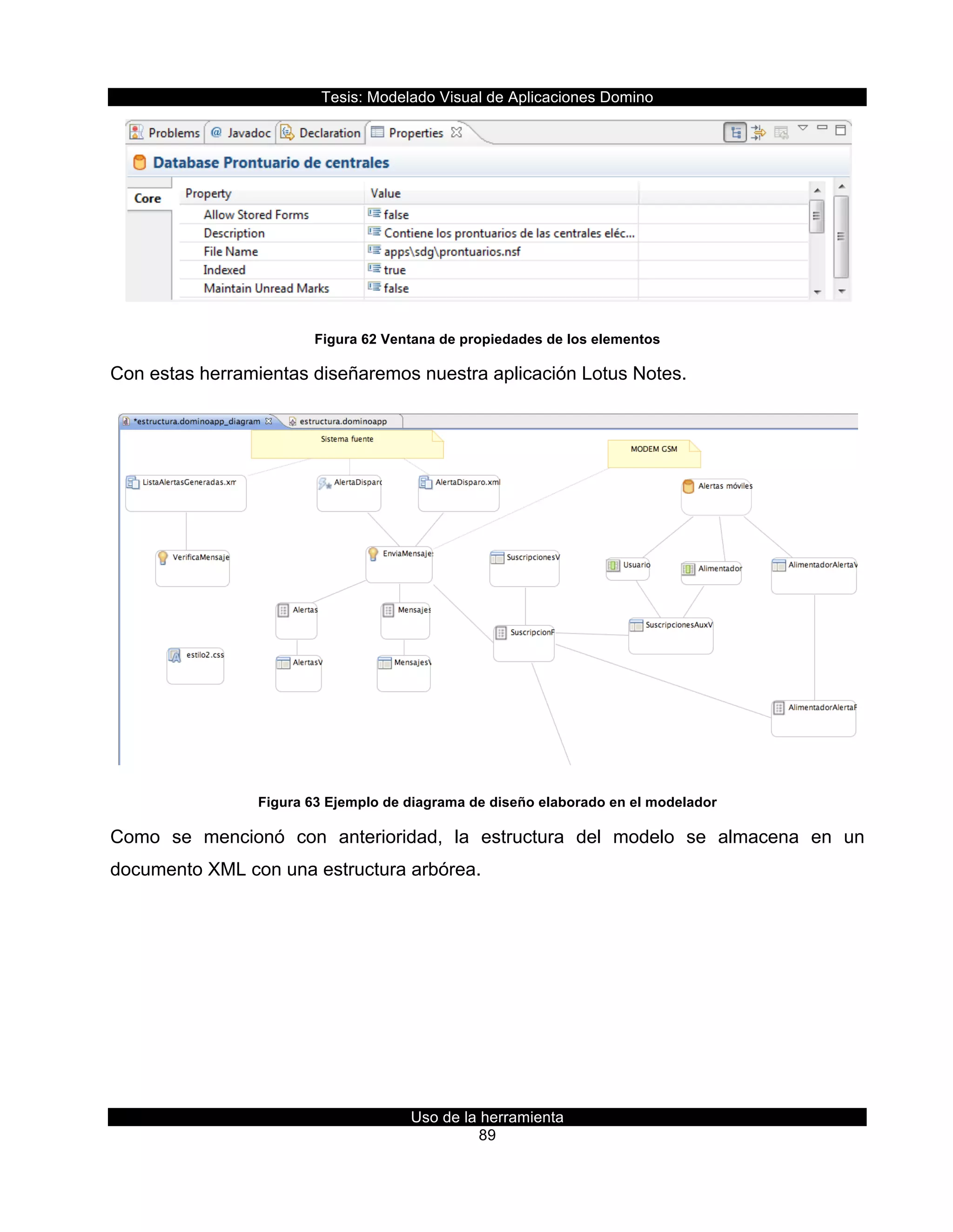 Tesis:  Modelado  Visual  de  Aplicaciones  Domino  
Uso  de  la  herramienta  
89  
  
Figura  62  Ventana  de  propiedades  de  los  elementos  
Con  estas  herramientas  diseñaremos  nuestra  aplicación  Lotus  Notes.  
  
Figura  63  Ejemplo  de  diagrama  de  diseño  elaborado  en  el  modelador  
Como   se   mencionó   con   anterioridad,   la   estructura   del   modelo   se   almacena   en   un  
documento  XML  con  una  estructura  arbórea.  
 