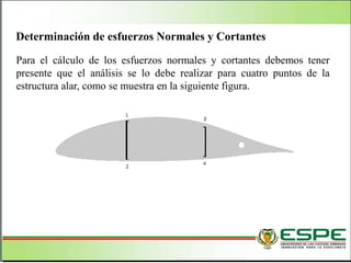 Determinación de esfuerzos Normales y Cortantes
Para el cálculo de los esfuerzos normales y cortantes debemos tener
presente que el análisis se lo debe realizar para cuatro puntos de la
estructura alar, como se muestra en la siguiente figura.
 