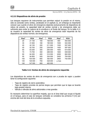 Capítulo 4 
Norma NFPA – 11 y Norma NFPA – 30 
Facultad de ingeniería, UNAM 97
4.2.11 Dispositivos de alivio de presión
Los tanques requieren de instrumentos que permitan reducir la presión en el mismo,
esto es conocido como venteo, (analizado en el capitulo 2), sin embargo es importante
conocer que cuando el alivio de emergencia dependa exclusivamente de dispositivos de
relevo de presión, la capacidad total de venteo normal y de emergencia debe ser
suficiente para evitar la ruptura de la envoltura o el fondo del tanque. En la tabla 4.11
se muestra la capacidad de venteo de alivio de emergencia total requerida de los
dispositivos de venteo normal y de emergencia.
Pies2
PCH Pies2
PCH Pies2
PCH
20 21 100 160 168 000 900 493 000
30 31 600 180 190 000 1000 524 000
40 42 100 200 211 000 1200 557 000
50 52 700 250 239 000 1400 587 000
60 63 200 300 265 000 1600 614 000
70 73 700 350 288 000 1800 639 000
80 84 200 400 312 000 2000 662 000
90 94 800 500 354 000 2400 704 000
100 105 500 660 392 000 2800 742 000
120 126 000 700 428 000 y mas
140 147 000 800 462 000
Tabla 4.11 Venteo de alivio de emergencia requerida
Los dispositivos de venteo de alivio de emergencia son a prueba de vapor y pueden
tener la configuración siguiente:
- Tapa de registro de cierre automático
- Tapa de registro provista de pernos largos que permitan que la tapa se levante
bajo presión interna
- Válvula o válvulas de alivio adicionales o mas grandes
Es necesario determinar la superficie mojada, que es el área total que ocupa el líquido
en el tanque, para el caso de tanques verticales se considera los primeros 9 [m] por
encima del nivel del área de la envoltura expuesta.
 