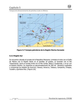 Capítulo 5                                                                                 
Tanques de almacenamiento de petróleo crudo en México 
Figura 5.7 Campos petroleros de la Región Marina Suroeste
5.3.3 Región Sur
Se encuentra ubicada al sureste de la Republica Mexicana. Limitada al norte con el Golfo
de México con la Región Norte en el paralelo 18 grados, al noroeste con el Río
Tesechoacán, hacia el sureste limita con el Mar Caribe, Belice y Guatemala, y al sur con
el Océano Pacifico. Su superficie es aproximadamente de 390 mil kilómetros cuadrados
y comprende los estados de Guerrero, Oaxaca, Veracruz, Tabasco, Campeche, Chiapas,
Yucatán y Quintana Roo. (Figura 5.8)
Facultad de ingeniería, UNAM122
 