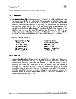 Capítulo 5                                                                                 
Tanques de almacenamiento de petróleo crudo en México 
Facultad de ingeniería, UNAM126
5.4.3 Zona Norte
• Santa Catarina, N.L. Inició operaciones a principios de 1982, está ubicada en la
Carretera Minera del Norte, Km 2.5 en el Municipio de Santa Catarina, Nuevo León.
Fue construida en una superficie de 12 hectáreas, y libre de asentamientos
humanos como medida preventiva de seguridad. Los combustibles que almacena y
distribuye los recibe por un poliducto de 18" de diámetro rehabilitado en 1991,
procedente de la Refinería Ing. Héctor R. Lara Sosa de Cadereyta, N.L., con el cual
abastece los consumos del área Metropolitana de Monterrey y poblaciones del
norte y poniente del Estado de Nuevo León. También por medio de poliductos
suministra de combustible a los Estados de Coahuila, Durango y Chihuahua.
Otras estaciones de la zona son:
• Aguascalientes, Ags.
• Ávalos, Chih.
• Cd. Juárez, Chih.
• Cd. Madero, Tam.
• Cd. Mante, Tam.
• Cd. Valles, S.L.P.
• Monclova, Coah.
• Nuevo Laredo, Tam.
• Sabinas, Coah.
• Saltillo, Coah.
• San Luis Potosí, S.L.P.
• Zacatecas, Zac
5.4.4. Zona sur
• Campeche, Cam. Está ubicada en el kilómetro 8.5 s/n de la Carretera Campeche-
Lerma, inició operaciones en 1946, su objetivo es: recibir, almacenar, distribuir y
comercializar productos derivados del petróleo. Su área de acción cubre la
totalidad del Estado de Campeche y el Sur de Quintana Roo con relación al
mercado de Petrolíferos y para el caso de Combustóleo cubre la demanda
energética para la generación de energía eléctrica para toda la Península de
Yucatán. recibe los diferentes productos por buquetanque, los cuales a su vez son
enviados desde la terminal marítima de Pajaritos, y que son elaborados en la
refinería de Minatitlan. (Figura 3.11).
 
