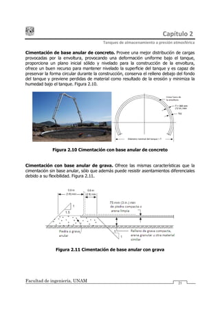 Capítulo 2
Tanques de almacenamiento a presión atmosférica
Facultad de ingeniería, UNAM 21
Cimentación de base anular de concreto. Provee una mejor distribución de cargas
provocadas por la envoltura, provocando una deformación uniforme bajo el tanque,
proporciona un plano inicial sólido y nivelado para la construcción de la envoltura,
ofrece un buen recurso para mantener nivelado la superficie del tanque y es capaz de
preservar la forma circular durante la construcción, conserva el relleno debajo del fondo
del tanque y previene perdidas de material como resultado de la erosión y minimiza la
humedad bajo el tanque. Figura 2.10.
Figura 2.10 Cimentación con base anular de concreto
Cimentación con base anular de grava. Ofrece las mismas características que la
cimentación sin base anular, sólo que además puede resistir asentamientos diferenciales
debido a su flexibilidad. Figura 2.11.
Figura 2.11 Cimentación de base anular con grava
 