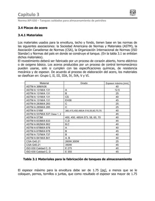 Capítulo 3                                                                                 
Norma API 650 – Tanques soldados para almacenamiento de petróleo 
3.4 Placas de acero
3.4.1 Materiales
Los materiales usados para la envoltura, techo y fondo, tienen base en las normas de
las siguientes asociaciones: la Sociedad Americana de Normas y Materiales (ASTM), la
Asociación Canadiense de Normas (CSA), la Organización Internacional de Normas (ISO
Standar) y Normas del país en donde se construye el tanque. (En la tabla 3.1 se enlistan
dichos materiales).
El revestimiento deberá ser fabricado por un proceso de corazón abierto, horno eléctrico
o de oxigeno básico. Los aceros producidos por un proceso de control termomecánico
pueden usarse, solo si cumplen con las especificaciones químicas, de resistencia
mecánica y de espesor. De acuerdo al proceso de elaboración del acero, los materiales
se clasifican en: Grupo I, II, III, IIIA, IV, IVA, V y VI.
Material Grado Espesor máximo [mm]
ASTM A 36M/A36 40
ASTM A 131M/A 131 A 12.5
ASTM A 131M/A 131 B 25
ASTM A 131M/A 131 CS 40
ASTM A 131M/A 131 EH36 45
ASTM A 283M/A 283 C 25
ASTM A 285M/A 285 C 25
ASTM A 516M 380,415,450,485/A 516,55,60,70,75 40
ASTM A 537M/A 537 Clase 1, 2 45
ASTM A 573M 400, 450, 485/A 573, 58, 65, 70 40
ASTM A 633M/A 633 C,D 45
ASTM A 662M/A 662 B,C 40
ASTM A 678M/A 678 A 40
ASTM A 678M/A 678 B 45
ASTM A 737M/A 737 B 40
ASTM A 841M/A 841 A, B 40
CSA G40.21 260W,300W 25
CSA G40.21 350W 45
ISO 630 Calidad C, D E 275 40
ISO 630 Calidad C, D E 355 45
Tabla 3.1 Materiales para la fabricación de tanques de almacenamiento
El espesor máximo para la envoltura debe ser de 1.75 [pg], a menos que se le
coloquen, pernos, tornillos o juntas, que como resultado el espesor sea mayor de 1.75
 