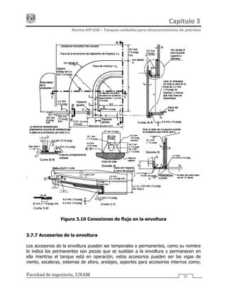 Capítulo 3 
Norma API 650 – Tanques soldados para almacenamiento de petróleo 
Facultad de ingeniería, UNAM 51
Figura 3.10 Conexiones de flujo en la envoltura
3.7.7 Accesorios de la envoltura
Los accesorios de la envoltura pueden ser temporales o permanentes, como su nombre
lo indica los permanentes son piezas que se sueldan a la envoltura y permanecen en
ella mientras el tanque está en operación, estos accesorios pueden ser las vigas de
viento, escaleras, sistemas de aforo, anclajes, soportes para accesorios internos como;
 