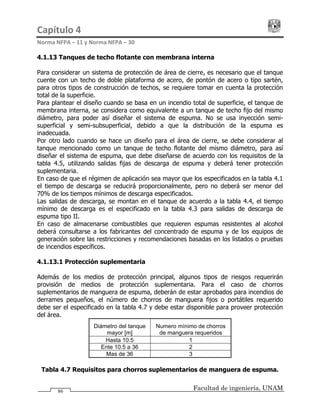Capítulo 4                                                                                 
Norma NFPA – 11 y Norma NFPA – 30 
Facultad de ingeniería, UNAM86
4.1.13 Tanques de techo flotante con membrana interna
Para considerar un sistema de protección de área de cierre, es necesario que el tanque
cuente con un techo de doble plataforma de acero, de pontón de acero o tipo sartén,
para otros tipos de construcción de techos, se requiere tomar en cuenta la protección
total de la superficie.
Para plantear el diseño cuando se basa en un incendio total de superficie, el tanque de
membrana interna, se considera como equivalente a un tanque de techo fijo del mismo
diámetro, para poder así diseñar el sistema de espuma. No se usa inyección semi-
superficial y semi-subsuperficial, debido a que la distribución de la espuma es
inadecuada.
Por otro lado cuando se hace un diseño para el área de cierre, se debe considerar al
tanque mencionado como un tanque de techo flotante del mismo diámetro, para así
diseñar el sistema de espuma, que debe diseñarse de acuerdo con los requisitos de la
tabla 4.5, utilizando salidas fijas de descarga de espuma y deberá tener protección
suplementaria.
En caso de que el régimen de aplicación sea mayor que los especificados en la tabla 4.1
el tiempo de descarga se reducirá proporcionalmente, pero no deberá ser menor del
70% de los tiempos mínimos de descarga especificados.
Las salidas de descarga, se montan en el tanque de acuerdo a la tabla 4.4, el tiempo
mínimo de descarga es el especificado en la tabla 4.3 para salidas de descarga de
espuma tipo II.
En caso de almacenarse combustibles que requieren espumas resistentes al alcohol
deberá consultarse a los fabricantes del concentrado de espuma y de los equipos de
generación sobre las restricciones y recomendaciones basadas en los listados o pruebas
de incendios específicos.
4.1.13.1 Protección suplementaria
Además de los medios de protección principal, algunos tipos de riesgos requerirán
provisión de medios de protección suplementaria. Para el caso de chorros
suplementarios de manguera de espuma, deberán de estar aprobados para incendios de
derrames pequeños, el número de chorros de manguera fijos o portátiles requerido
debe ser el especificado en la tabla 4.7 y debe estar disponible para proveer protección
del área.
Diámetro del tanque
mayor [m]
Numero mínimo de chorros
de manguera requeridos
Hasta 10.5 1
Ente 10.5 a 36 2
Mas de 36 3
Tabla 4.7 Requisitos para chorros suplementarios de manguera de espuma.
 