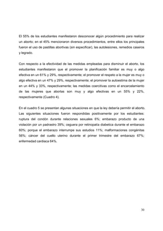30
El 55% de los estudiantes manifestaron desconocer algún procedimiento para realizar
un aborto; en el 45% mencionaron diversos procedimientos, entre ellos los principales
fueron el uso de pastillas abortivas (sin especificar), las autolesiones, remedios caseros
y legrado.
Con respecto a la efectividad de las medidas empleadas para disminuir el aborto, los
estudiantes manifestaron que el promover la planificación familiar es muy o algo
efectiva en un 61% y 29%, respectivamente; el promover el respeto a la mujer es muy o
algo efectiva en un 47% y 29%, respectivamente; el promover la autoestima de la mujer
en un 44% y 33%, respectivamente; las medidas coercitivas como el encarcelamiento
de las mujeres que abortas son muy y algo efectivas en un 55% y 22%,
respectivamente (Cuadro 4).
En el cuadro 5 se presentan algunas situaciones en que la ley debería permitir el aborto.
Las siguientes situaciones fueron respondidas positivamente por los estudiantes:
ruptura del condón durante relaciones sexuales 6%; embarazo producto de una
violación por un padrastro 39%; ceguera por retinopatía diabetica durante el embarazo
60%; porque el embarazo interrumpe sus estudios 11%; malformaciones congénitas
56%; cáncer del cuello uterino durante el primer trimestre del embarazo 67%;
enfermedad cardiaca 64%.
 