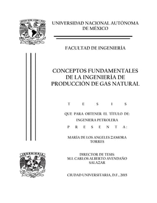 UNIVERSIDAD NACIONAL AUTÓNOMA
DE MÉXICO
FACULTAD DE INGENIERÍA
CONCEPTOS FUNDAMENTALES
DE LA INGENIERÍA DE
PRODUCCIÓN DE GAS NATURAL
T E S I S
QUE PARA OBTENER EL TÍTULO DE:
INGENIERA PETROLERA
P R E S E N T A :
MARÍA DE LOS ANGELES ZAMORA
TORRES
DIRECTOR DE TESIS:
M.I. CARLOS ALBERTO AVENDAÑO
SALAZAR
CIUDAD UNIVERSITARIA, D.F., 2015
 