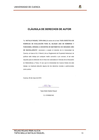 UNIVERSIDAD DE CUENCA
ROJAS ROJAS IRMA ALICIA
TAPIA MALLA NATALIA RAQUEL 10
CLÁUSULA DE DERECHOS DE AUTOR
 