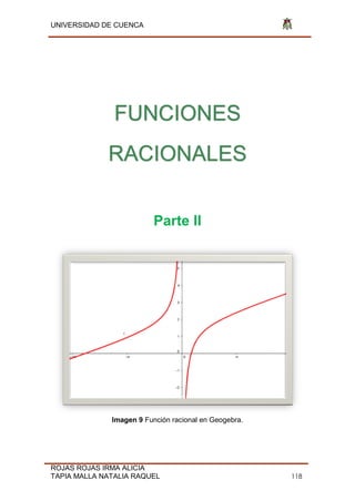 UNIVERSIDAD DE CUENCA
ROJAS ROJAS IRMA ALICIA
TAPIA MALLA NATALIA RAQUEL 118
FUNCIONES
RACIONALES
Parte II
Imagen 9 Función racional en Geogebra.
 