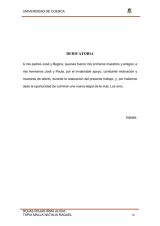 UNIVERSIDAD DE CUENCA
ROJAS ROJAS IRMA ALICIA
TAPIA MALLA NATALIA RAQUEL 14
DEDICATORIA
A mis padres José y Regina, quienes fueron mis primeros maestros y amigos; a
mis hermanos José y Paula, por el invalorable apoyo, constante motivación y
muestras de afecto, durante la realización del presente trabajo; y, por haberme
dado la oportunidad de culminar una nueva etapa de la vida. Los amo.
Natalia.
 